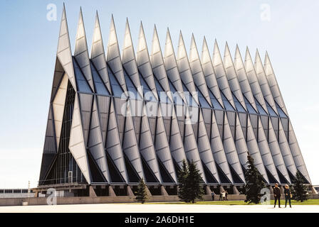 The most visited man-made tourist attraction in the state of Colorado, USA, is the stunning U.S. Air Force Academy Chapel that is easily identified by its 17 steel, aluminum and glass spires that soar 150 feet (46 meters) into the sky at Colorado Springs. This classic example of American modern architecture opened in 1962 to meet the spiritual needs of cadets during their undergraduate education at the academy to become officers in the United States Air Force. Normally open daily for visitors, the chapel closed to the public in 2019 for major renovations that will take 3 to 4 years to complete Stock Photo