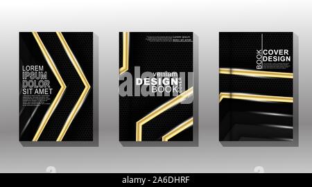 Modern background design. Vector collection of book covers with hexagon shape patterns stacked with glowing gold lines Stock Vector