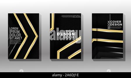 Modern background design. Vector collection of book covers with hexagon shape patterns stacked with glowing gold lines Stock Vector