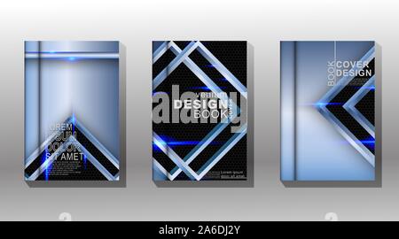 Modern background design. Collection of book cover vectors with blue triangle shape patterns on black hexagons Stock Vector