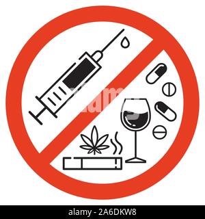 Forbidding vector sign. No smoking, no drugs and no alcohol. Isolated illustration on white background. Stock Vector