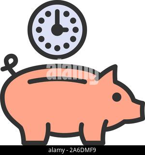 Clock with piggy bank, investment, debt, save time flat color line icon. Stock Vector