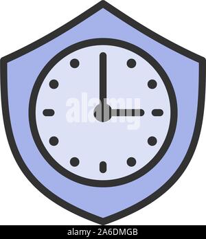 Clock with shield, security time flat color line icon. Stock Vector