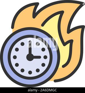 Fire with clock, deadline, time-limit flat color line icon. Stock Vector