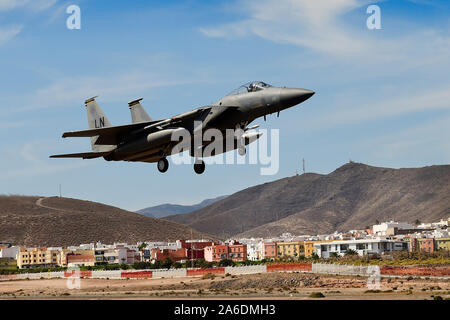 A U.S. F-15C Eagle assigned to the 493rd Fighter Squadron returns from a training sortie in support of the Spanish-led air-to-air combat training exercise, OCEAN SKY 19, at Gando Air Base, Gran Canaria Island, Spain, Oct. 24, 2019. Exercises like OCEAN SKY remain a symbol of the shared commitment between Spain, the U.S. and NATO to maintaining the continued security of Europe. (U.S. Air Force photo/ Tech. Sgt. Matthew Plew) Stock Photo