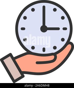 Clock in hand, time management flat color line icon. Stock Vector