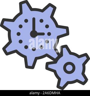 Clock with gears, tech time flat color line icon. Stock Vector