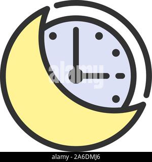 Night time, moon with clock flat color line icon. Stock Vector
