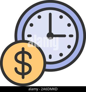 Time is money, clock with coin flat color line icon. Stock Vector