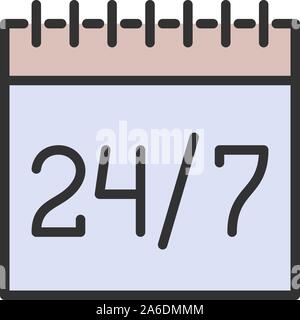 Calendar, schedule, 24 hours available services flat color line icon. Stock Vector