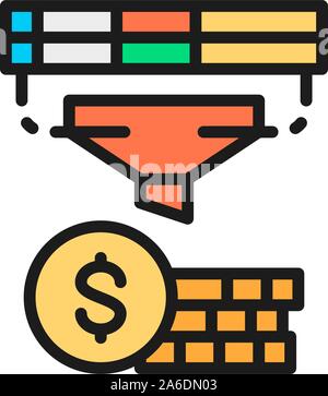 Funnel with money, finance conversion, optimization income flat color icon. Stock Vector