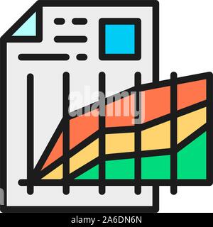 Document with graphs, progress, comparisons flat color icon. Stock Vector
