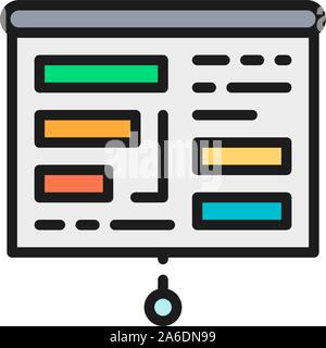 Projector screen with presentation, tables, charts flat color icon. Stock Vector