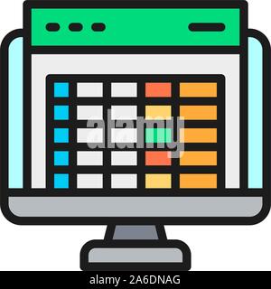 Spreadsheet, computer screen, financial accounting report flat color icon. Stock Vector