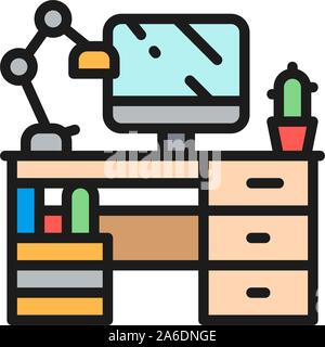 Workplace, desk with computer and lamp flat color icon. Stock Vector