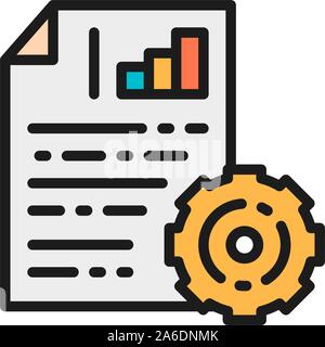 Engineering documents with diagram and gear wheel, project plan flat color icon. Stock Vector