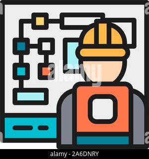 Engineer at workplace, electric management board flat color icon. Stock Vector