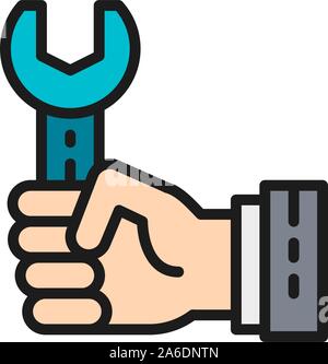 Hand with wrench, working process flat color icon. Stock Vector