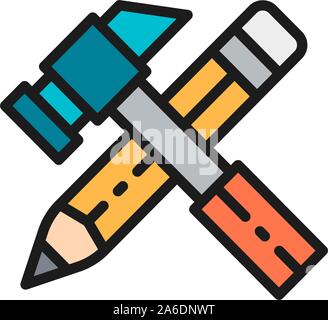 Working tools, hammer with pencil flat color icon. Stock Vector