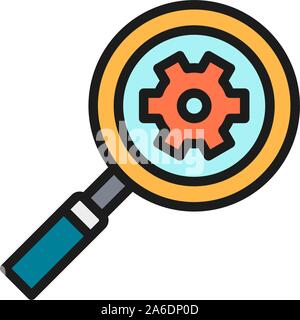 Magnifying glass with gear wheel, factory performance analysis flat color icon. Stock Vector