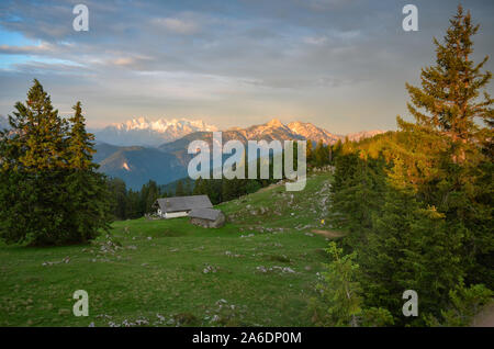 early morning at Kohler Alm mountain hut near Inzell, Bavaria, Germany Stock Photo