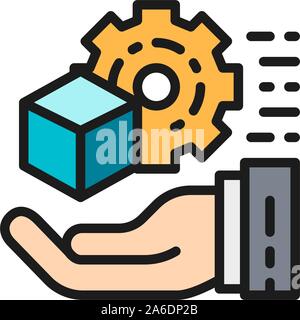 Hand with gear wheel and cube, engineering tools concept flat color icon. Stock Vector