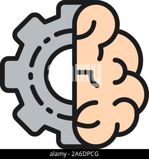 Brain with gear wheel, engineer mind, intellect flat color icon. Stock Vector