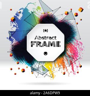 Background with brush stroke, blot, triangular grid and frame Stock Vector