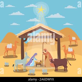 cute holy family in stable with animals manger characters Stock Vector