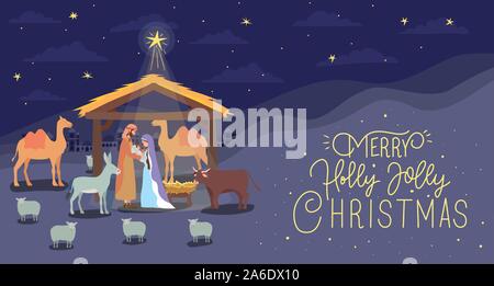 saint joseph and mary virgin in mule and stable scene Stock Vector