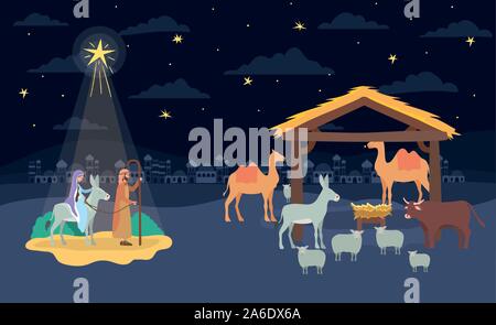 saint joseph and mary virgin in mule and stable scene Stock Vector