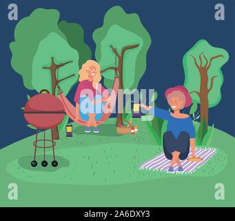 woman in hammock and other with lantern picnic grill blanket vector illustration Stock Vector