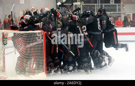 Columbus, Ohio, USA. 25th Oct, 2019. The Ohio State Buckeyes celebrate their 4-3 victory over Minnesota in Columbus, Ohio. Brent Clark/CSM/Alamy Live News Stock Photo