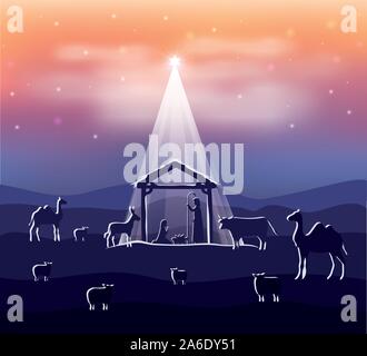 cute holy family and animals in stable manger characters Stock Vector