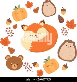 cute sleeping fox hedgehog bear pumpkins leaves autumn on white background vector illustration Stock Vector