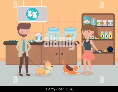 man and woman with her dogs in the vet pet care vector illustration Stock Vector