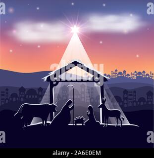 cute holy family and animals in stable manger characters Stock Vector