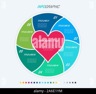 Colorful diagram, infographic template. Love infographic template with 6 steps. Heart workflow process for valentines. Vector design. Cold palette. Stock Vector