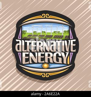 Vector logo for Alternative Energy, dark tag with array solar panels and windturbine in green summer park, original lettering for text alternative ene Stock Vector