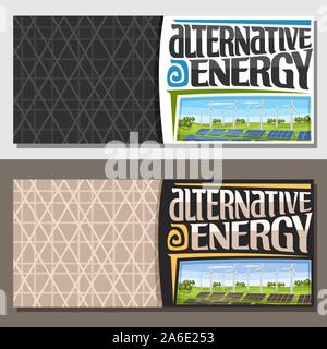 Vector banners for Alternative Energy with copy space, leaflets with array solar panels and wind turbines in summer park, original lettering for words Stock Vector