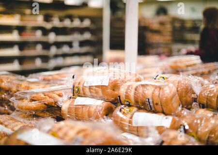 Tigard, Oregon - Oct 25, 2019 : Many Bagels Stacked at Costco Wholesale Stock Photo