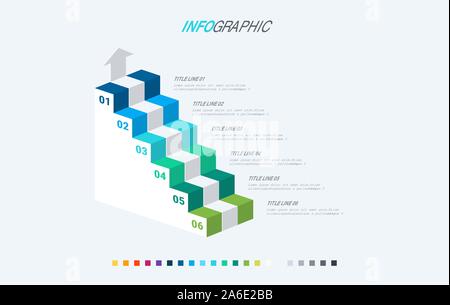 Infographic template. 6 stairs design with beautiful colors. Vector timeline elements for presentations. Cold palette. Stock Vector