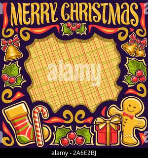 Vector frame for Merry Christmas holiday, dark placard with kids sock, cute gingerbread man, leaves of holly berry, candy cane, gift box and original Stock Vector