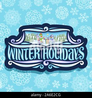 Vector logo for Winter Holidays, dark retro icon with 2 cartoon smiling snowman with carrot nose in sports hat, mittens and purple scarf, original bru Stock Vector