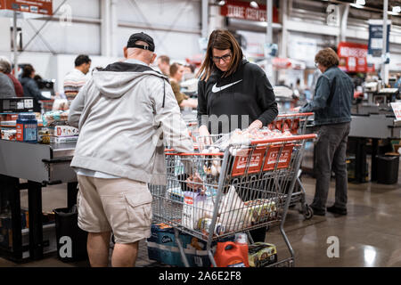 Tigard, Oregon - Oct 25, 2019 : Checkout lanes in a Costco Wholesale store Stock Photo