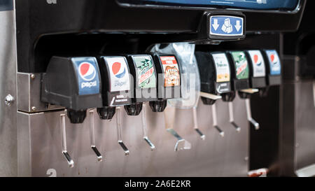 Tigard, Oregon - Oct 25, 2019 : Self-service soda machine at Costco Wholesale Stock Photo