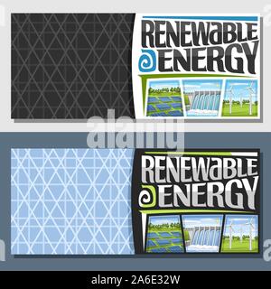Vector banners for Renewable Energy with copy space, array solar panels, water flowing in reservoir, windfarm with windturbines on summer field, origi Stock Vector