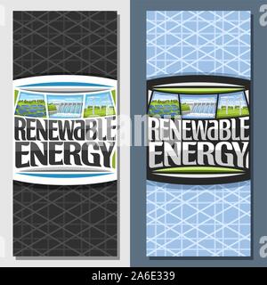 Vector banners for Renewable Energy, leaflet with array solar panels, water flowing in reservoir, windfarm with windturbines on summer field, original Stock Vector