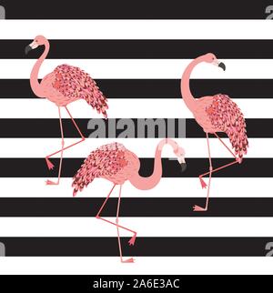 Vintage style animalistic design with pink flamingo over striped background. Stock Vector