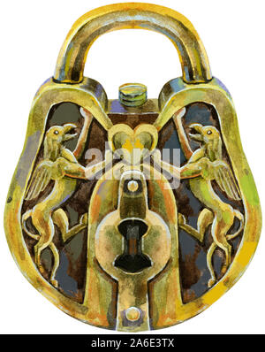 Vintage Lock with Key Hand Drawn Watercolor Illustration Stock Illustration  - Illustration of necklace, iron: 209266751